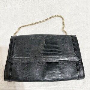 Ann Taylor Loft Black Moc Croc Shoulder Purse Gold Chain Old Money Classic